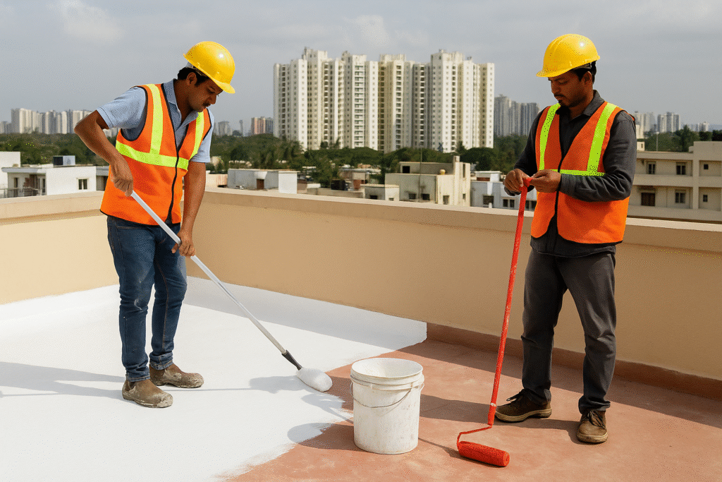 Terrace waterproofing and painting contractors in Bangalore applying waterproofing on rooftop